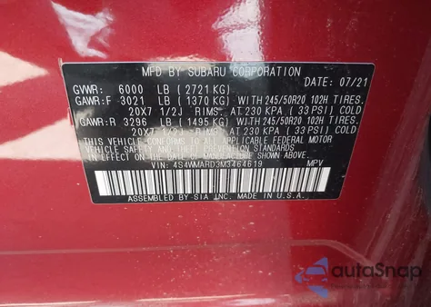 2021 Subaru Ascent Touring из США, поврежденный, VIN 4S4WMARD3M3464619